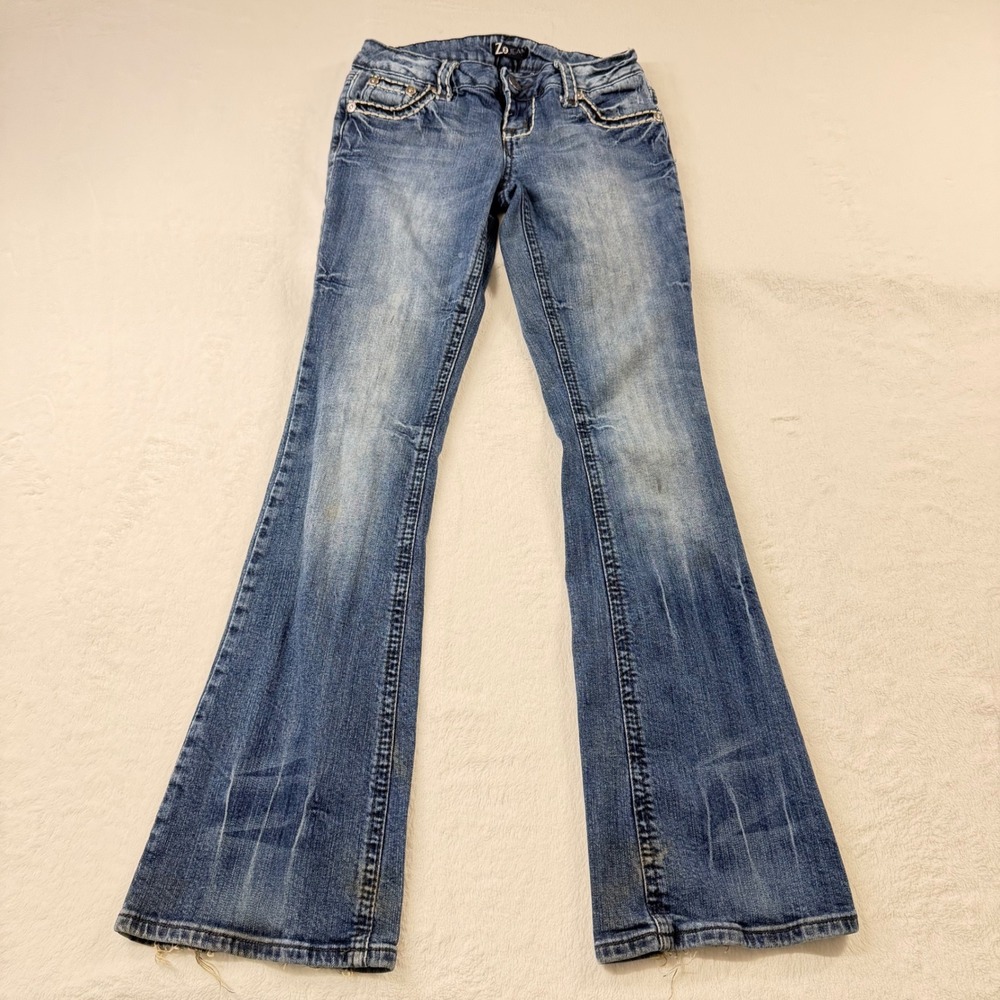 Z2 Jeans Flare Denim Womens 3 Blue Good Y2K Embroidered Flap Pocket Low Rise